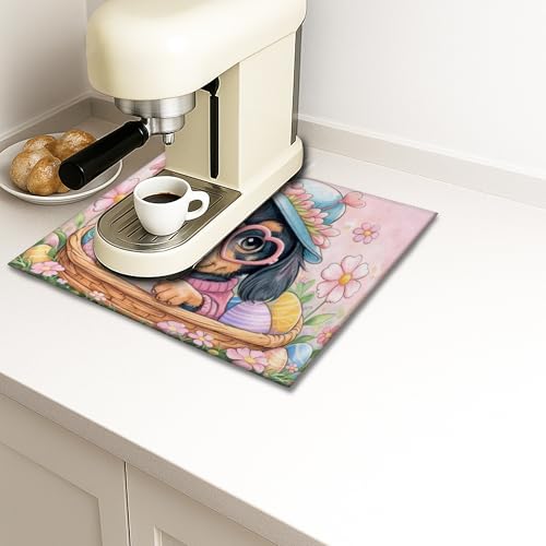 Easter Floral Dish Drying Mats for Kitchen, Cute Dog with Eggs Absorbent Dish Rack Mat, Spring Fanciful Microfiber Drying Pad for Counter Protector 16x18 Inch - size: 18" x 16"