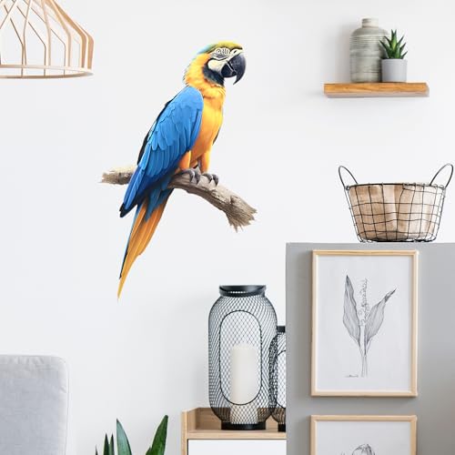 Blue and Yellow Macaw Bird Wall Decal Bird Animal Wall Sticker | Removable, waterproof, vinyl peel and stick wall art for nursery, classroom, living room, playroom, bedroom, and school