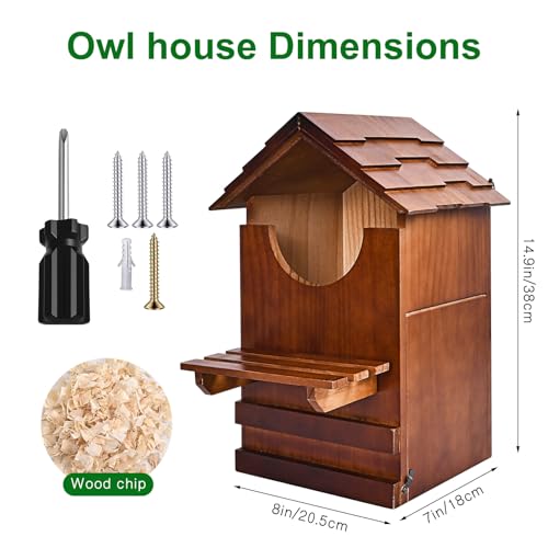 Large Barn Owl House, Large Opening Wooden Owl Houses for Outdoors, Ventilated and Moisture-Protected OwlBox with Mounting Screws and A Bag of Wood Shavings(8 * 7 * 15inch)