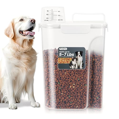 Dog Cat Food Storage Container with Cup (White, 5L) | Pet Food Pourable Container Airtight with Large Spout, BPA-Free Plastic Food Dispenser for Pet Food, Bird Seed, Rice, Flour