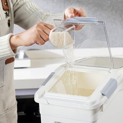 10 Liter / 20 lbs Rice Storage Container with Measuring Cup, BPA free, For Rice | Grain | Pet Food | Flour, 2 count, White