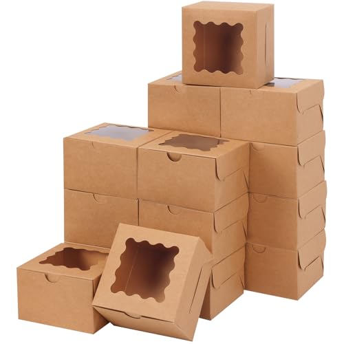 Moretoes 50pcs Small Cookie Boxes with Window, 4x4x2.5In Brown Bakery Boxes | Kraft Treat Boxes, Fit Small Cookies and Pastries, Suitable for Party Favors and Gifts - color: Brown