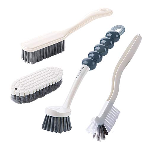 Dish Brush Set 4 Pack with Handle, Stiff Bristle Kitchen Scrub Brushes, Multi-Purpose Cleaning Brushes for Dishes, Pots, Sinks, Bottles, Grout Lines & Bathroom Surfaces