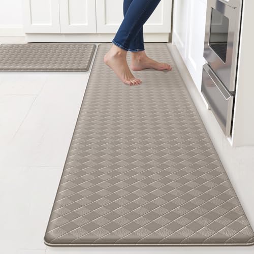 TranquilRelax Kitchen Mats, Cushioned Mats with Extra-Long Runner, Taupe | Kitchen mats for floor, water-resistant anti fatigue mats for kitchen floor with non-slip backing; 17.3 x 30 and 17.3 x 71 in - color: Taupe, size: 2-Piece | 30"+71" | Standard