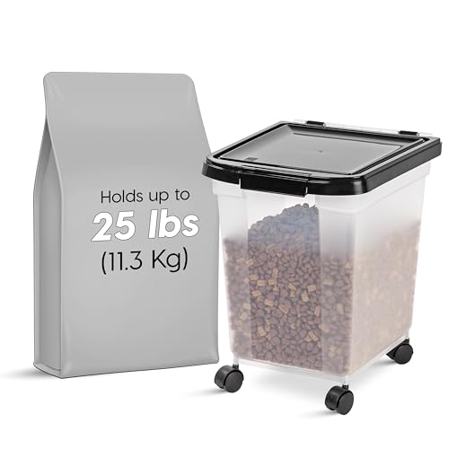 IRIS USA Dog Food Storage Container, Up to 25 lbs, Black, Made in USA | Wheels for Mobility, Airtight Seal, BPA-Free, Best for Bird Seed, Cat food, Cat Litter, Chicken Feed, Pellets - color: Black, size: 25 lbs