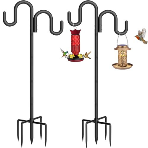 Double Shepherd Hook for Outdoor, 92" Heavy Duty Bird Feeder Pole with 5-Prong Base, Adjustable Thickened Shepherd Hook for Bird Feeder, Flower Baskets, Solar Lights, Lanterns, Black, 2 Pack - size: 92"