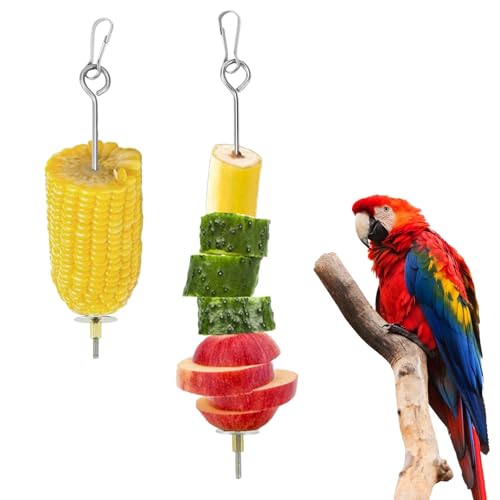 2pcs Bird Cage Food Holder with Hook Parrot Fruit Skewers Stainless Steel Birds Treats Skewer Foraging Toys for Macaw Parakeet Parrot Budgie