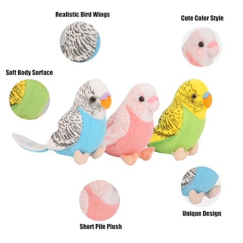 3 Pcs Budgerigar Plush Toy, 5.5 inches, Parakeet Plush Toy, Budgie Soft Toy, Bird Stuffed Animal for Kids, Blue and Green and Pink - color: Blue and Pink and Green