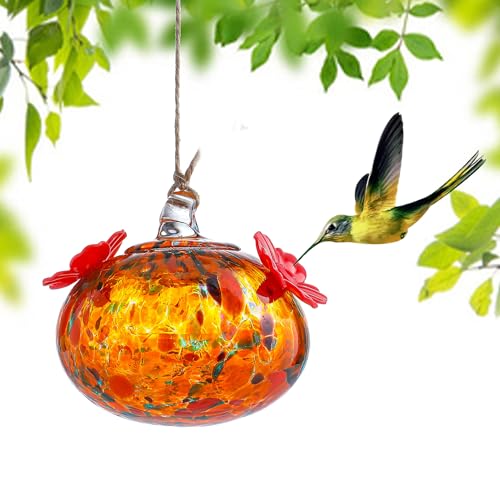 Mini Colorful Glass Hummingbird Feeders for Outside, Hand Blown Exquisitely Designed for Window Hanging with Two Feeding Ports, Great Gifts for Female Hummingbird Lovers - color: orange