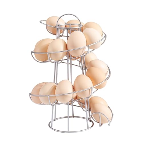 Flexzion Egg Skelter Modern Spiral Egg Holder Countertop (Medium Egg Display) - Freestanding Wired Countertop Egg Holder for Fresh Eggs, Dispenser Stand, Storage Rack for Kitchen, Silver | Wire Chicken Egg Basket and Rotating Skelter Rack for Fresh Egg St