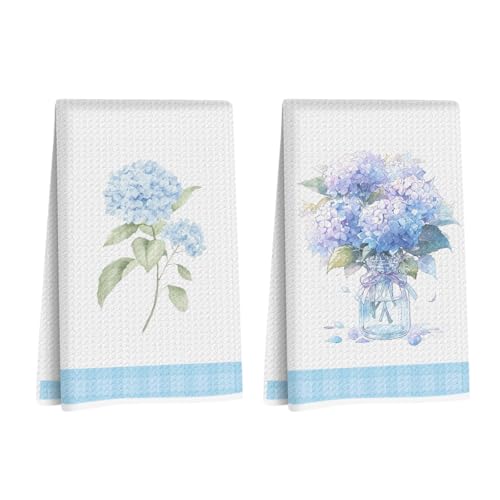 2 Pcs Artistic Hydrangea Kitchen Towels Decorative Hand Towels | Waffle Soft Tea Towel for Home, Bathroom, Absorbent Microfiber Dish Cloth, Housewarming Gifts for Women, Mom, Friend - color: Multi 1215