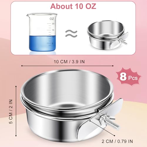 ToLanbbt 8 Pcs Stainless Steel Bird Food Bowls Bird Water Bowls with Clamp Holder, Parrot Feeding Dish Cups Parrot Cage Coop Feeders for Cockatiel Conure Budgie Parakeet Macaw Lovebird Small Animal, S - size: Small