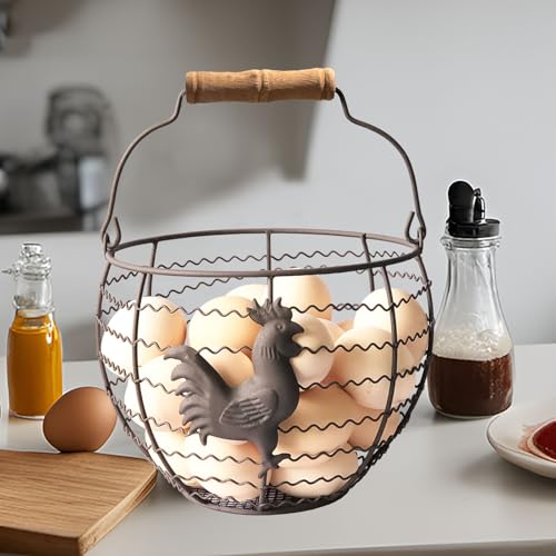 Wire Egg Basket for Gathering Fresh Eggs, Rustic with Rooster & Wood Handle | Vintage, Rusty Metal Open Weave, Backyard Chicken Keepers, Holds 24, Easter/Xmas Gift, Egg Collecting Basket, Kitchen Counter