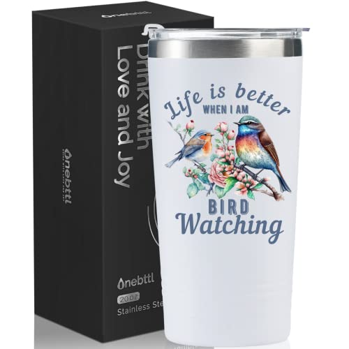 Onebttl Bird Watching Gifts - 20oz Stainless Steel Insulated Tumbler with Lid & Straw, Gift Card & Box Included for Birthday - White - color: White-Life is better when I am bird watching