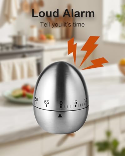 Kitchen Timer for Cooking, 60 Minutes Mechanical Timer - No Batteries Required, Stainless Steel Egg-Shape Cute Countdown Clock for Cooking, Learning, Exercises, Gaming - color: Silver1