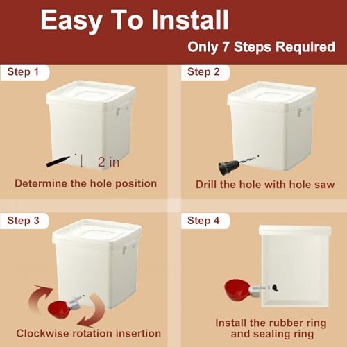 Automatic Chicken Waterer Set - 4 Chicken Water Cups, Float Valve, Drill Bit, 4 Hose Clamps, Teflon Tape - Easy Installation, Fits Chickens, Ducks, Quails, Various Poultry