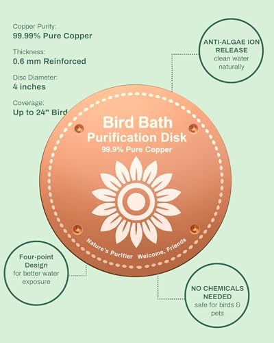 OICEME Bird Bath Purification Disk Pure Copper Outside Birdbath Solar Power Water Backyard Winter Solar Power Humming Cleaner Pedestal Fountain Bowl Metal Warmer Deck Gifts Accessories - color: 1 pcs Copper Heronsbill