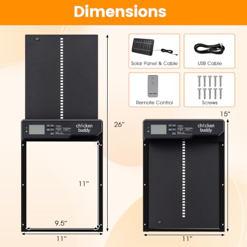 PETSITE Solar Powered Automatic Chicken Coop Door, Along with USB Charging | | LCD Display | Light Sensor, Timer, Remote & Manual Control | Anti-Pinch Design | Waterproof | Made of Aluminum |