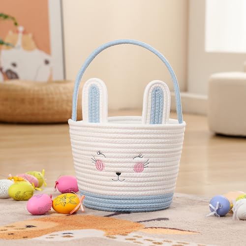 Easter Baskets for Easter Egg with Handle Woven Empty Hunt Boys' Lovely Bunny Rabbit Colorful Woven Basket First Easter Gifts for Boys, Babies, Kids, and Children (Blue) - color: Blue