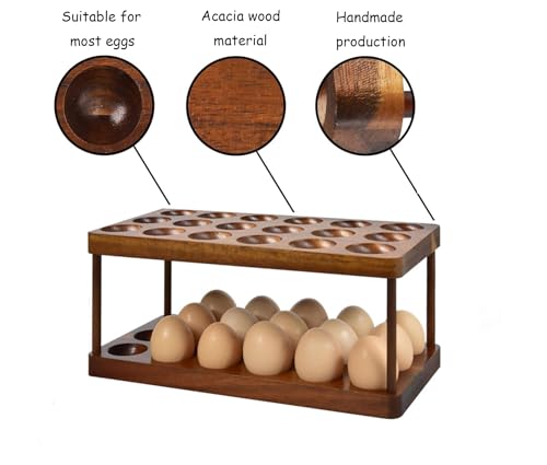 Acacia Wooden Double Layer Egg Holder, 36 Capacity Farmhouse Kitchen 2 Tier Fresh Egg Storage Rack Basket, Deviled Eggs Plates Eggs Tray Organizer for Countertop