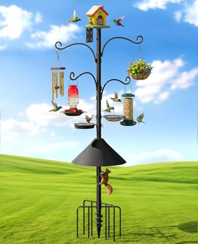 Heavy Duty Bird Feeder Pole Shepherds Hooks Squirrel Proof for Outdoor | Adjustable Heavy Duty Birdhouse Pole Smart Feeder Stand with 4 Hooks 9 Prongs Base Squirrel Baffle for Hanging Plant Garden - size: 93inch