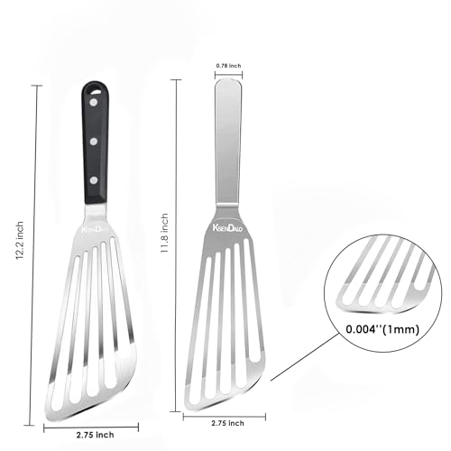 2 Pack Flexible Fish Spatula Stainless Steel for Kitchen | Egg Turner Flipper, Thin Edged Slotted Angled Blade, 1 Hollow Steel Handle & 1 POM Plastic Handle