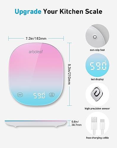 arboleaf Food Scale Rechargeable, Food Scales Digital Weight Grams and oz, Kitchen Scales Digital Weight, Smart Baking Measuring Food Scales for Kitchen Gift, Weight Loss, 0.1oz/0.5g, 22lbs/10kg | USB Rechargeable, 22lb Digital Smart Weighing with App for
