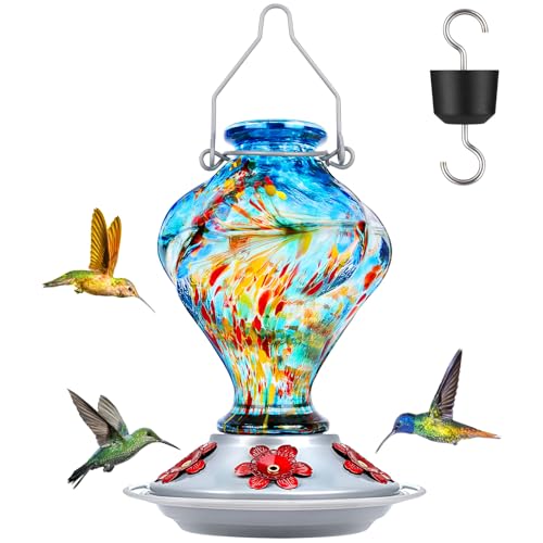 Glass Hummingbird Feeders for Outdoors Hanging with ant Moat, Blue | Hand Blown, 24oz, 5 Bee-Proof Ports, 360° Perch, Leak-Proof, Easy Refill & Clean, Garden Decor, Gifts for Mom Dad Women Men - color: Blue Phoenix