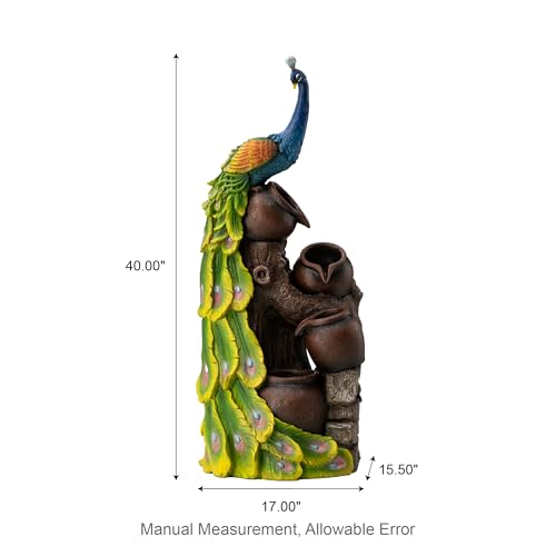Glitzhome 4-Tier Peacock and Jars Outdoor Water Fountain with LED Light, 40”H Oversized Resin Peacock Sculpture Waterfall Fountain with Submersible Pump for Garden Patio Porch - color: Peacock