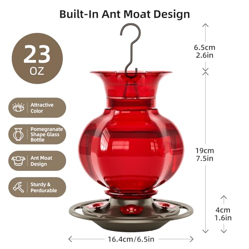 Auslar Glass Hummingbird Feeders for Outdoors Hanging, Red, 23 Oz | Hummingbird Feeder with Ant Moat & 5 Anti-Bee Feeding Ports, Ant and Bee Proof, Leakproof, Easy Clean and Fill, Garden Decor
