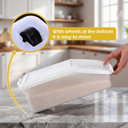 3 Pcs Rice Storage Container 11 lb Airtight Flour Container with Wheels Measuring Cup Clear Pet Food Dog Cat Birds Food Bin Grain Cereal Organizer Box for Dry Baking Supplies (White) - color: White