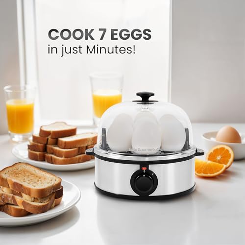 Elite Gourmet EGC724SS Egg Boiler Cooker, 7-Egg Poacher/Omelet Maker, Steel | Cooks soft, medium, or hard-boiled eggs, also scrambles - auto shut-off with buzzer - measuring cup included - BPA-free - color: Stainless Steel, size: 7 Egg