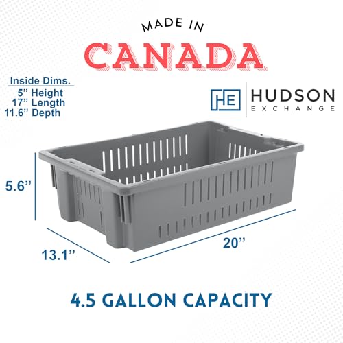 Hudson Exchange 20 x 13 x 5.6" (4 Pack, 4.5 Gallon) Agricultural Nest and Stack Vented Crate Handled Storage Container Tote, Gray - color: Gray