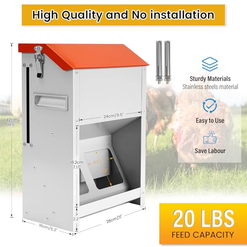 Automatic Chicken Feeder Large 20Lbs No Waste Poultry Feeder Trough | Metal Hanging Chicken Feeder Trough Dispenser Outdoors with Lid and Visual Window for Chicken Poultry Turkey Duck