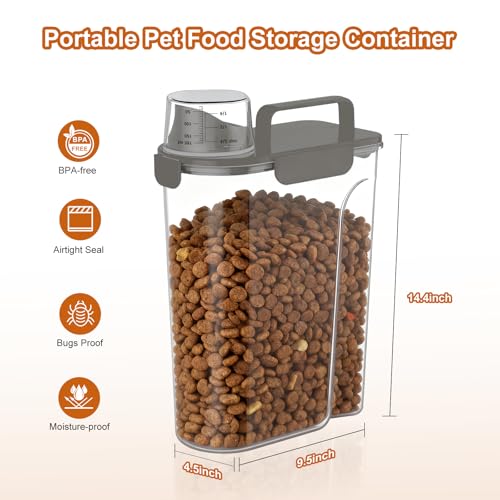 Uppetly Dog Cat Food Storage Container, 5-7Lbs Pet Food Containers, Airtight Cat Food Container with Portable Handle & Measuring Cup, Small Animal Dry Food Dispenser for Dogs, Cats and Birds Grey - color: Grey