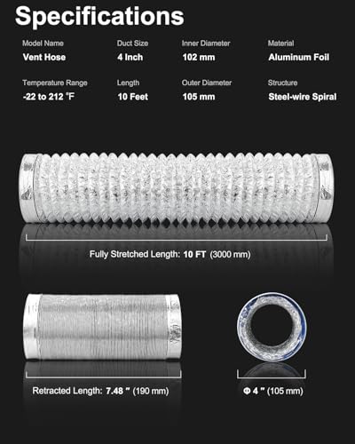 GDSTIME 4 Inch Dryer Vent Hose 10 FT, Flexible Aluminum Ducting w/ 2 Clamps | Heavy Duty, Muti Layer Protection, Tool-Free, for Tight Space, Heating Cooling Ventilation Exhaust - Silver (4 Inch 10 Feet) - style: 4″ x 10 FT Hose