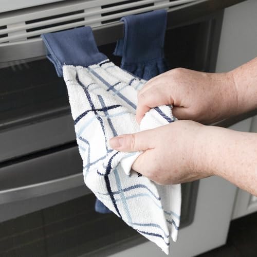 Ritz Premium 100% Cotton Solid and Multi Check Kitchen Tie Towel, Absorbent, Super Soft, and Fast Drying Hang Towel, Set of Two, Federal Blue - color: Federal Blue, size: Solid & Multi Check - 2 Piece