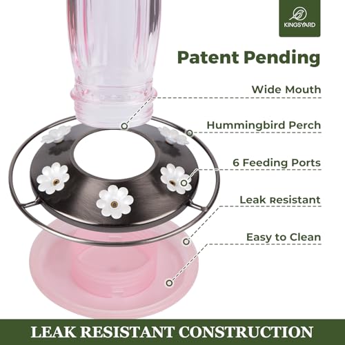 Kingsyard Glass Hummingbird Feeder for Outdoors Wild Bird Feeder with 6 Feeding Ports Hanging for Garden Yard, Pink (Ant Moat Included) - color: Pink