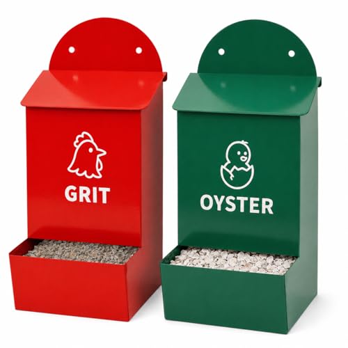 Chicken Grit and Oyster Shell Feeder 2 Pack, Oyster Shell for Chickens and Grit for Chickens Holder, No Waste Chicken Feeder with Rainproof Lids, Drain Holes, Wall Mounted Metal