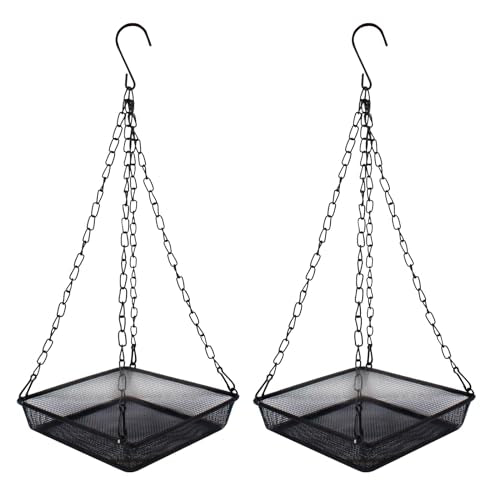 2 Pack Hanging Bird Feeder Tray 6.7 Inch Square Metal Mesh | Seed Holder, Durable Metal Mesh Feeders with Chains, Attracting Various Species of Wild Birds