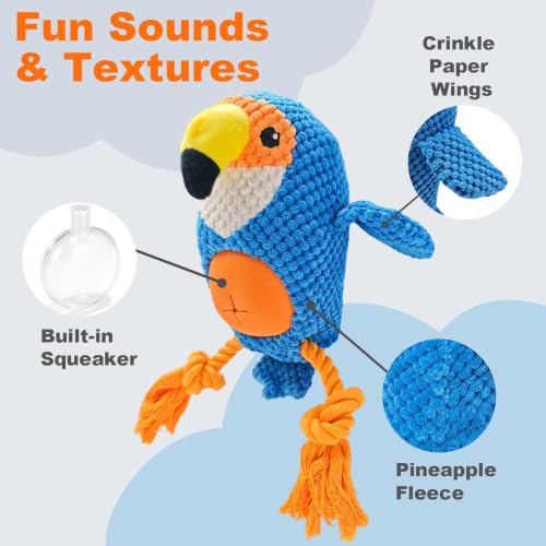 Blue Parrot Bird Dog Chew Toy, 11.0 in, Squeaker Rope Treat Toy | Pineapple Fleece, PP Cotton Filled, Nylon Reinforced Rope, Crinkle Paper, Bite Resistant, Interactive Play, Small Medium Dogs - color: Blue Parrot