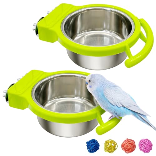 Stainless Steel Bird Bowls for Cage 2 Pcs Parrot Feeding Dish Metal Food and Water Cups Detachable Birds Cage Feeder Hanging Finch Food Plates with Perch for Parakeet Budgie Lovebird (Green) - color: Green