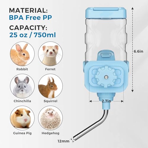 Vannon Small Pet Water Bottle, 25oz Top-Fill Cage Water Dispenser, Blue | Top-fill small pet water bottle with a spring-free stainless steel nozzle for everyday hydration and easy refills. - color: Blue, size: 25oz