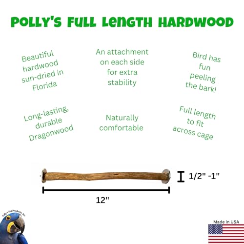 Polly's Full Length Hardwood Cage Perch for Parakeets, Cockatiels, Cockatoos, Macaws, and Other Birds (12") - size: 12"