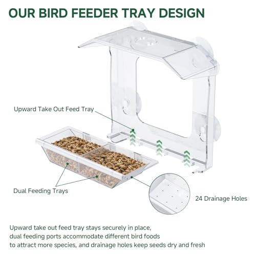 Window Bird Feeder with 4 Extra Strong Suction Cups (2.5 Inch) | Clear Bird Feeder with Dual Seed Tray, Easy to Install and Clean, Birdfeeder for Close-Up Viewing Birds, Bird Watching Gift