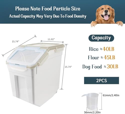 50LB Large Flour Storage Container Bin,2 Pack Airtight Plastic with Wheels Seal Locking Lid Dispenser Organizer Bin with Measuring Cup & Scoop for Flour, Rice, Grain 100LBS Total Capacity(Grey) - color: Grey/50lbs,2counts