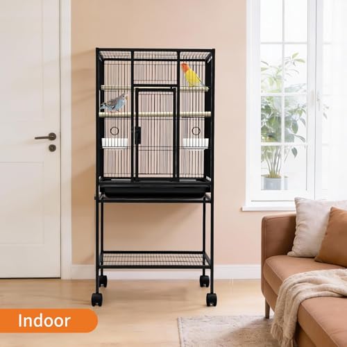 41" Large Bird Cage, Parrot Bird Cage with Rolling Stand & Storage Shelf, Heavy Duty Wrought Iron Flight Cage, Secure Lock, Ideal for Parakeets, Parrots, Cockatiels, Conures, Lovebirds - size: 25.4"L x 19.7"W x 5.9"H