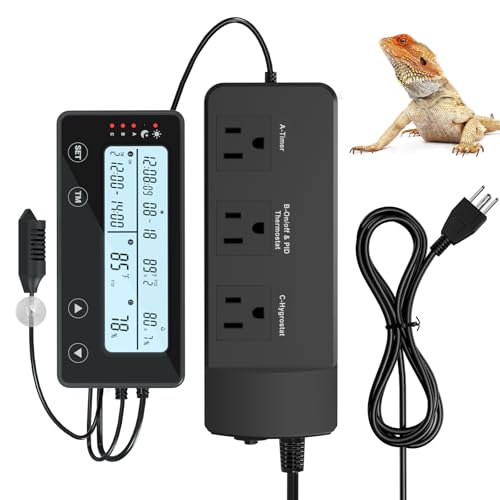 Reptile Temperature Controller with Timer, PID Reptile Digital Thermostat, 3-Channel Thermometer Hygrometer w/Memory, 2 IN 1 Day Night Temperature Humidity Gauge for Heat Lamp Bulb Humidifier