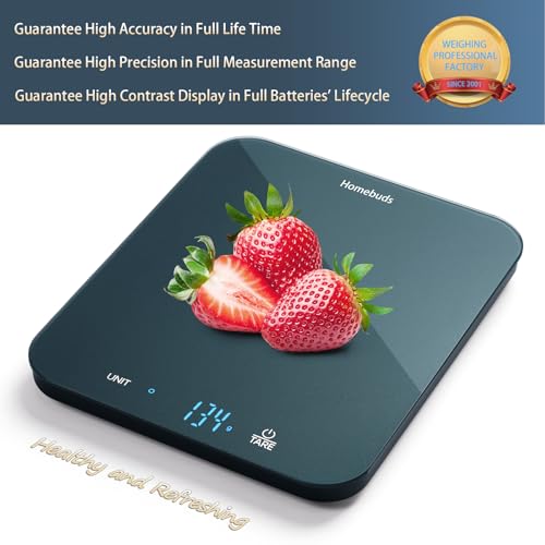 Homebuds Food Scale, 33lb/15kg Digital Kitchen Scale, Weight Grams and Ounces in 1g/0.1oz Precision for Baking and Cooking, LED Display, 3*AAA Batteries Included, Tempered Glass, Blue - color: Blue