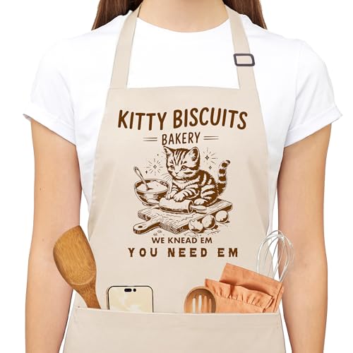 Kitty Biscuits Bakery Sourdough Apron for Women with Pockets - Funny Bakers Apron, Unique Sourdough Gifts for Women & Bread Bakers, Adjustable Kitchen Apron for Mom, Mother’s Day Baking Gift - B10 - color: Kitty Biscuits Bakery